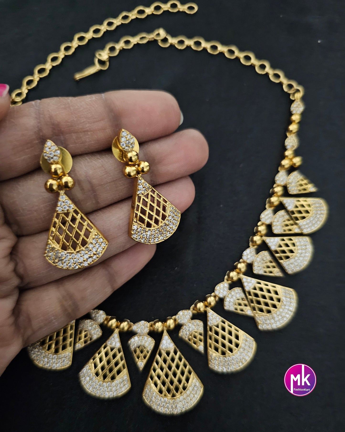 Premium Gold finish AD stone necklace with matching Earrings - Adult cum Teen Necklace - Trendy Necklace - MK Fashionkart