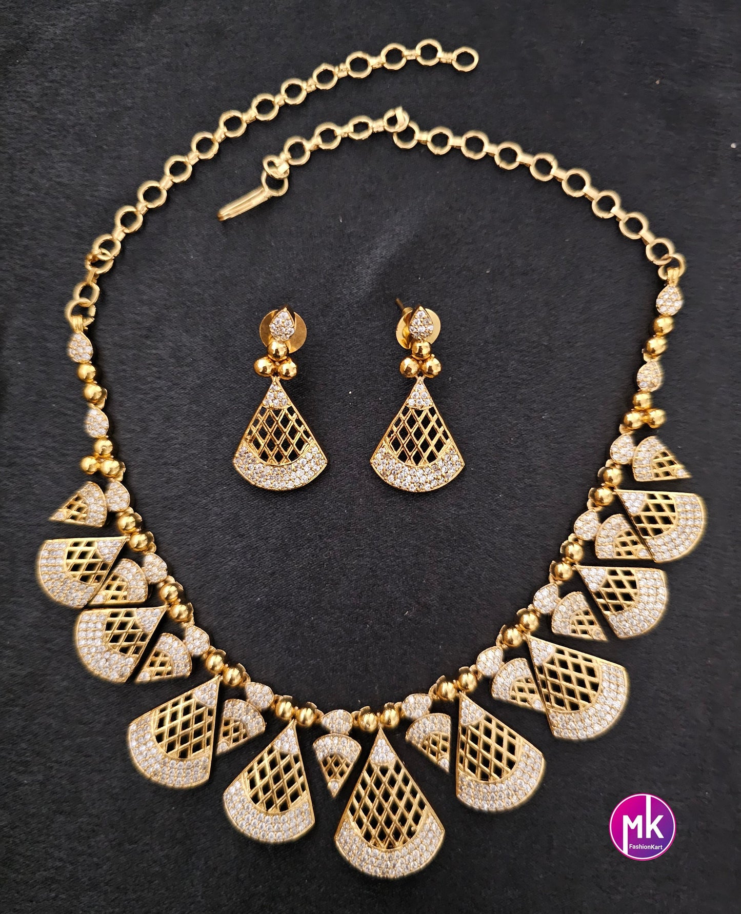Premium Gold finish AD stone necklace with matching Earrings - Adult cum Teen Necklace - Trendy Necklace - MK Fashionkart