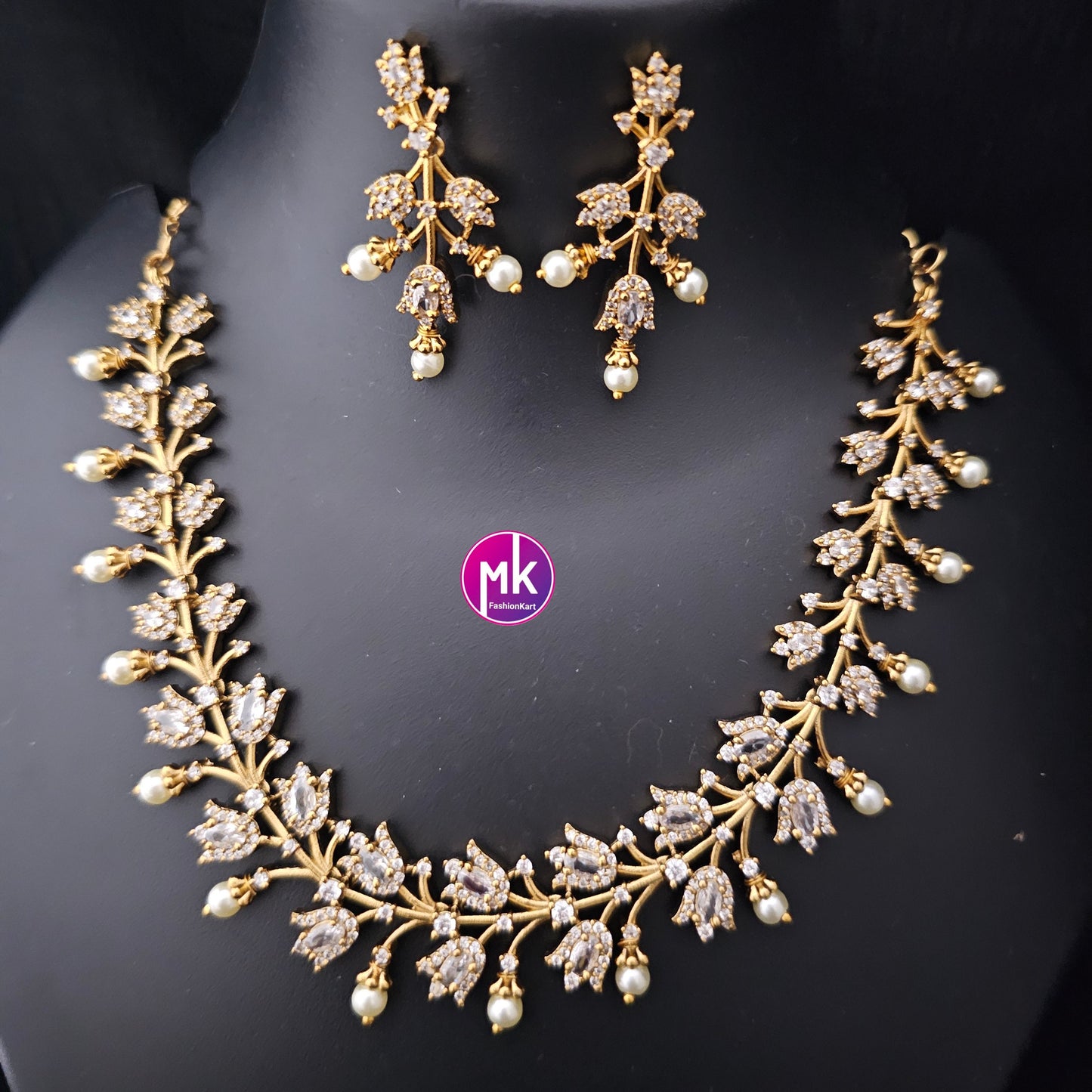 Beautiful design Gold finish AD stone necklace with matching Earrings - Trendy Necklace - MK Fashionkart