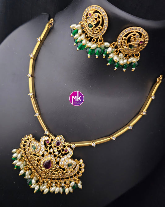 Premium Matte gold finish AD stone necklace with hanging pears beads with matching Earrings - Trendy and Traditional Necklace MK Fashionkart