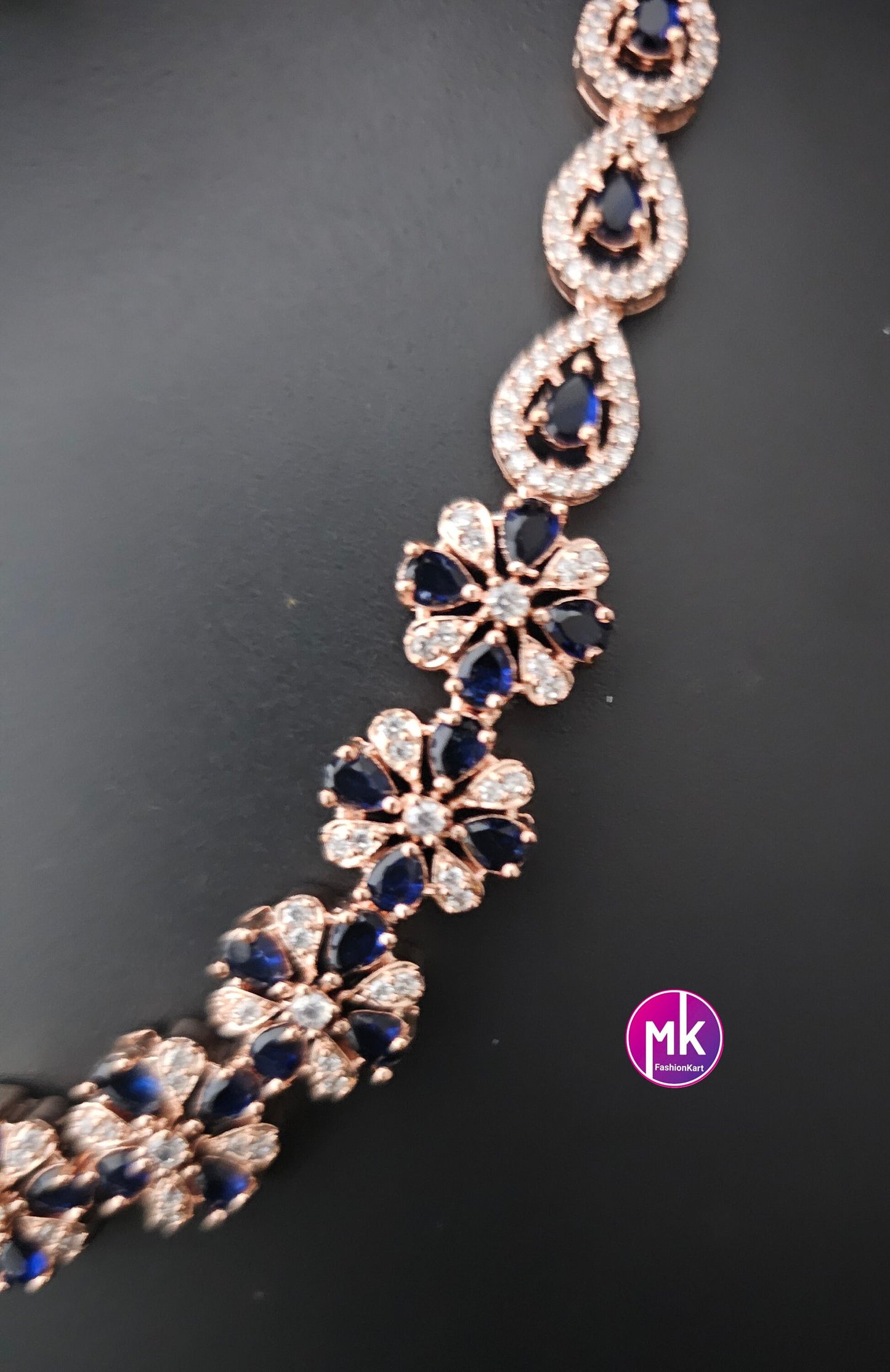 Rose gold American Diamond and Cubic Zirconia Blue with white stone Necklace with Earrings - Adult cum Teen Necklace - MK Fashionkart