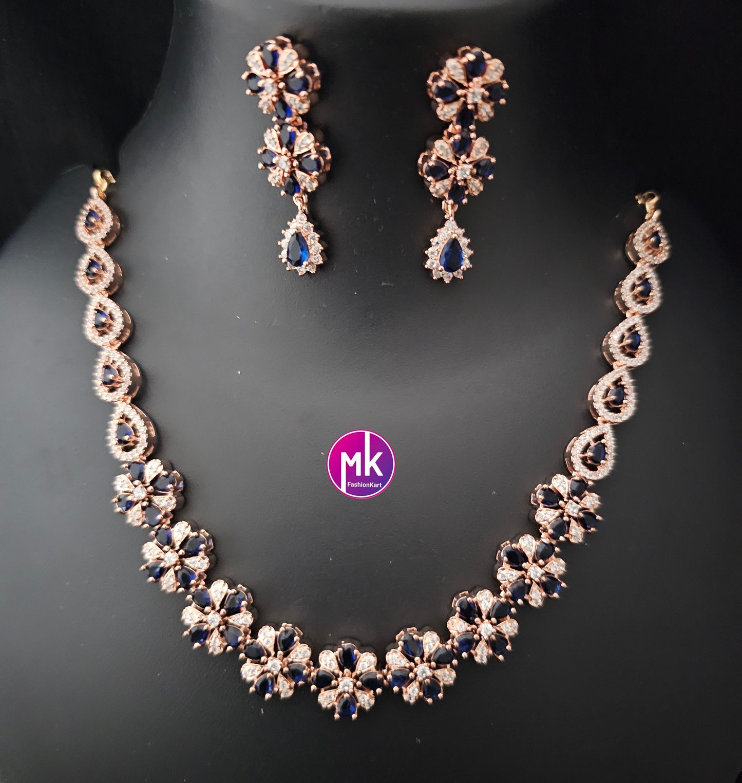 Rose gold American Diamond and Cubic Zirconia Blue with white stone Necklace with Earrings - Adult cum Teen Necklace - MK Fashionkart