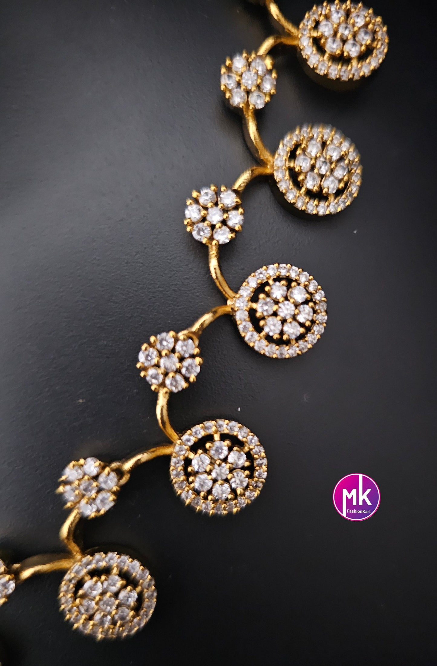 Flower type Matte Gold finish AD stone necklace w matching Earrings - Traditional Trendy Necklace - Adult cum Teen Necklace - MK Fashionkart