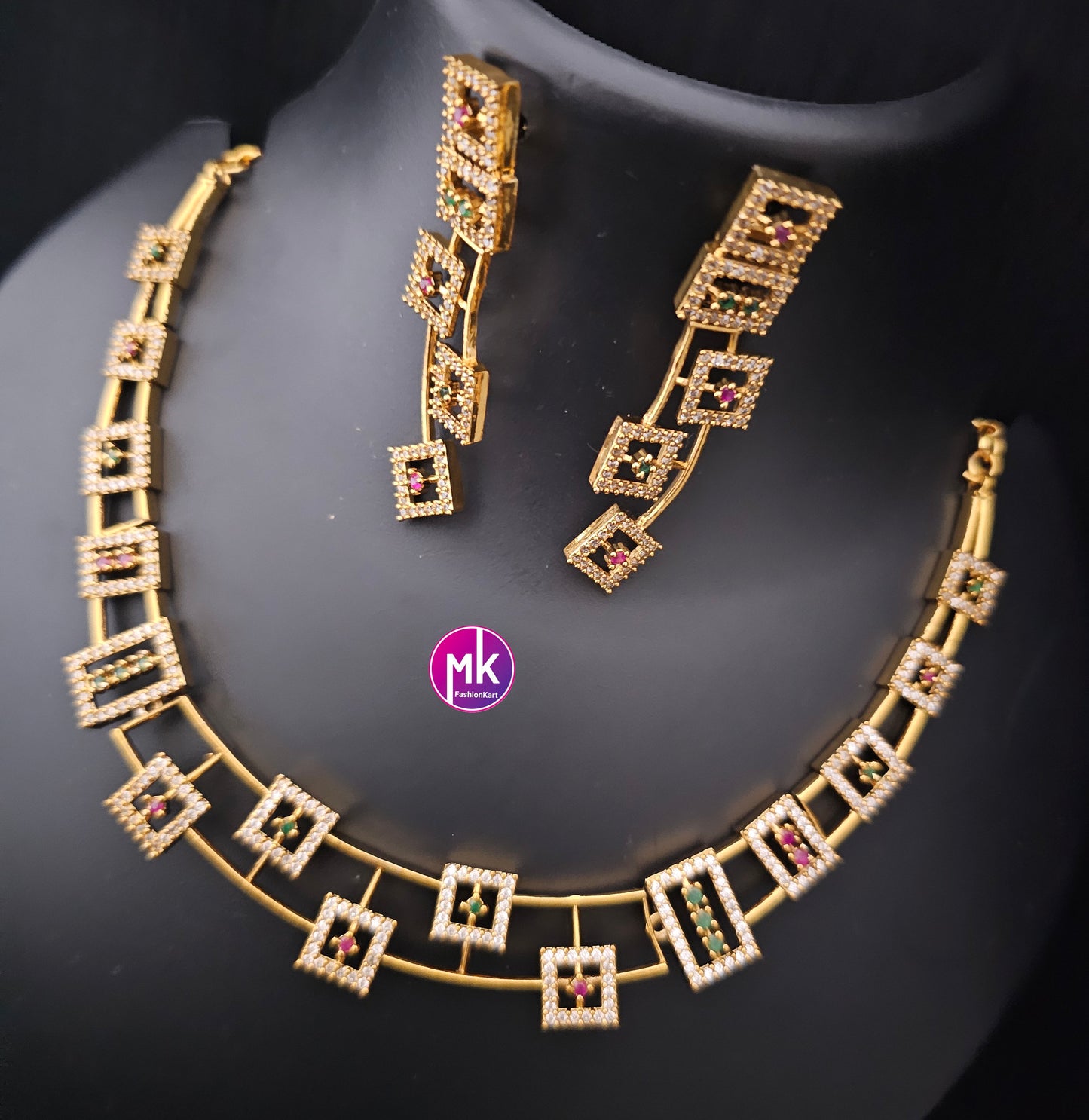 Premium Unique design matte gold finish AD/CZ stone necklace w matching Earrings - Adult cum Teen Necklace - Trendy Jewelry - MK Fashionkart