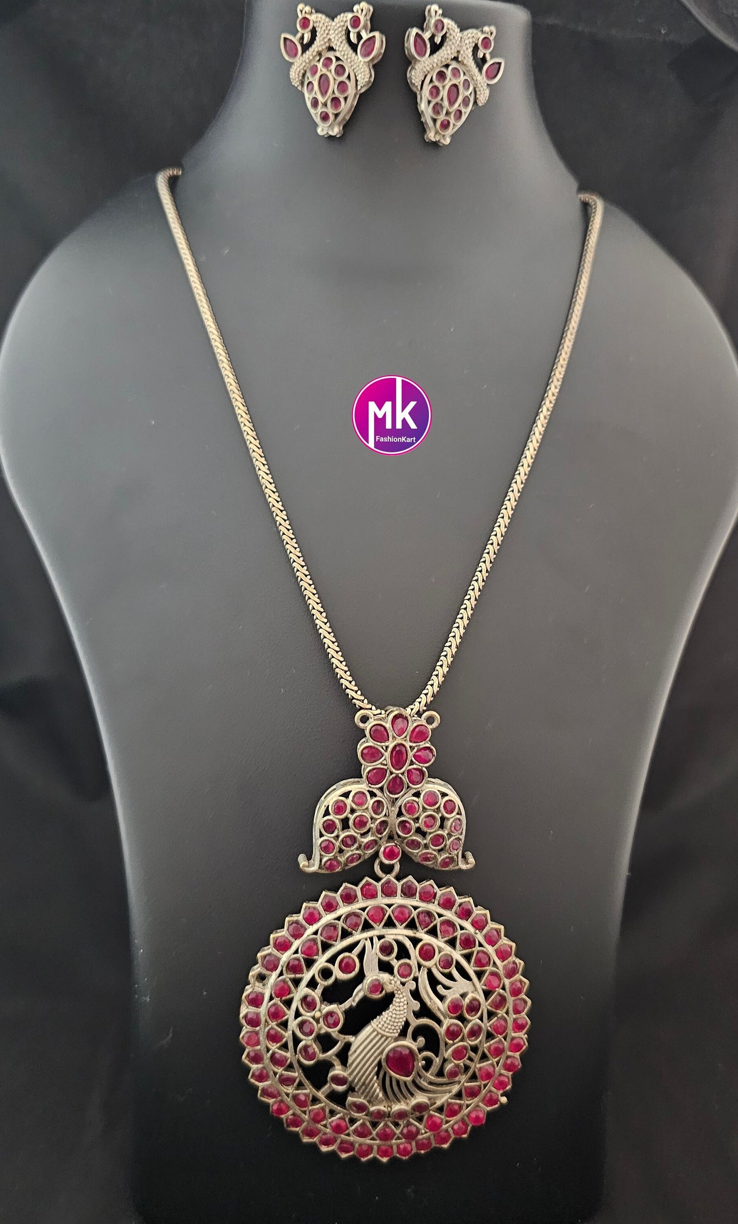 Peacock design oxidized silver pink stone chain with big pendent matching Earrings - MK Fashionkart - Fashion Jewelry