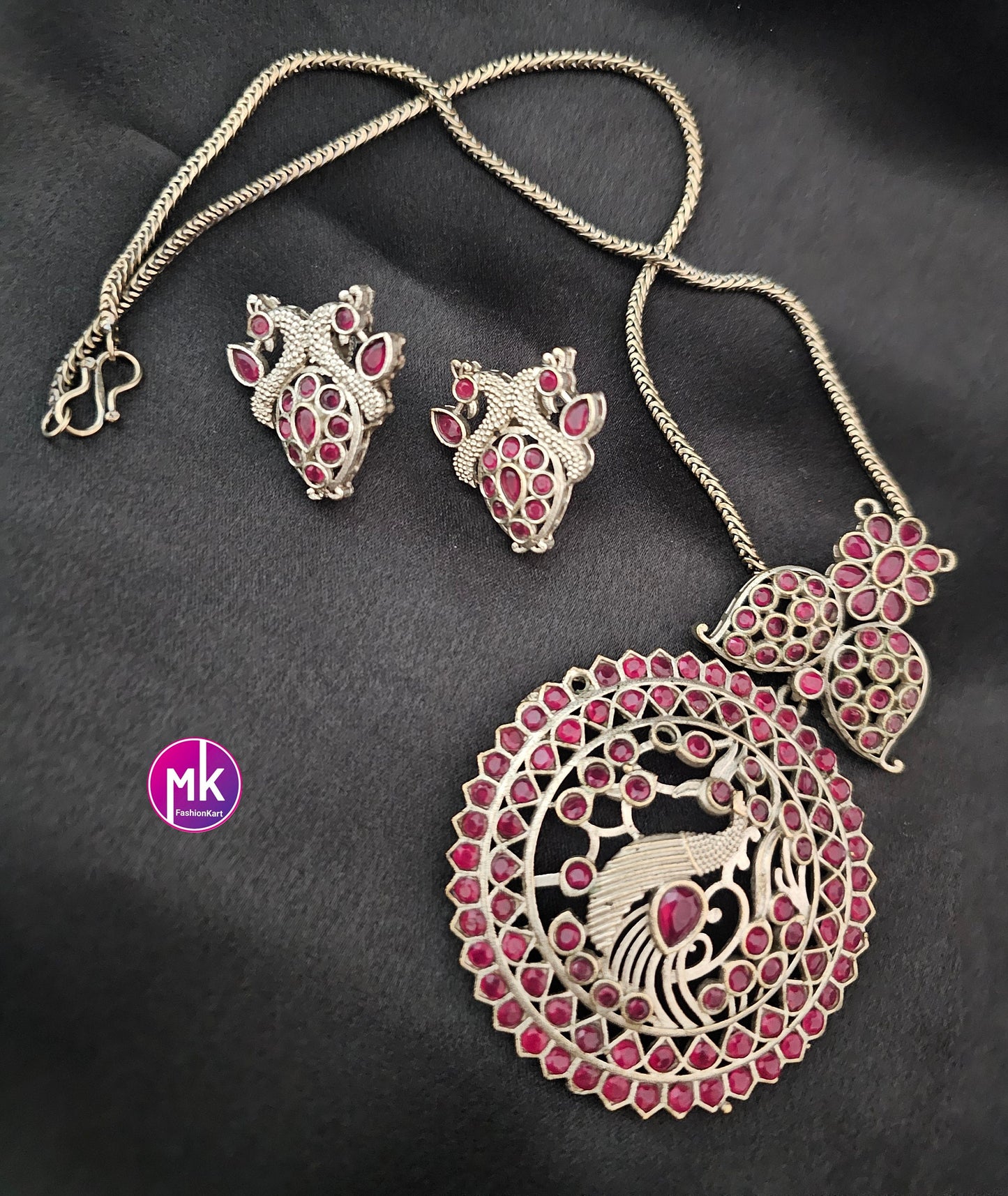 Peacock design oxidized silver pink stone chain with big pendent matching Earrings - MK Fashionkart - Fashion Jewelry