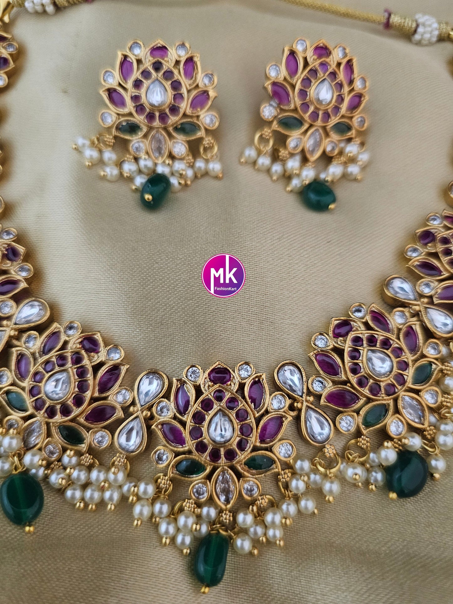 Premium Quality Matte gold finish beautiful lotus design kemp stone Necklace with matching Earrings - MK Fashionkart - Fashion Jewelry