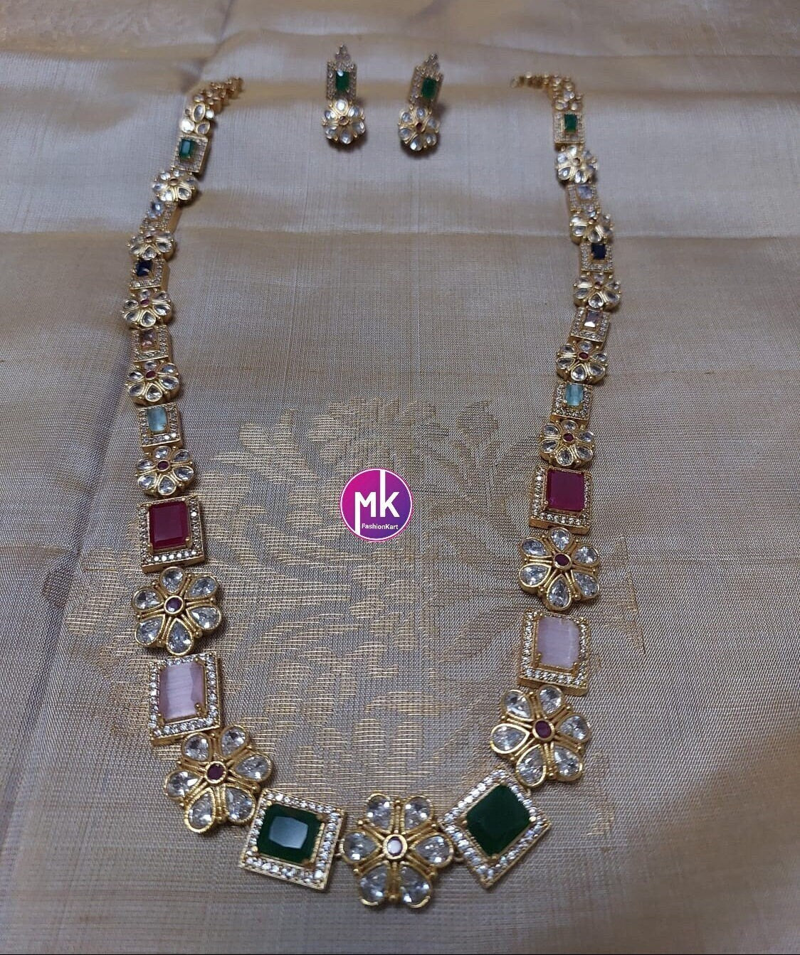Premium quality Multi-color AD/CZ stone Flower design Haram with cute Earrings  - Gold Jewelry Replica Haram - MK Fashionkart