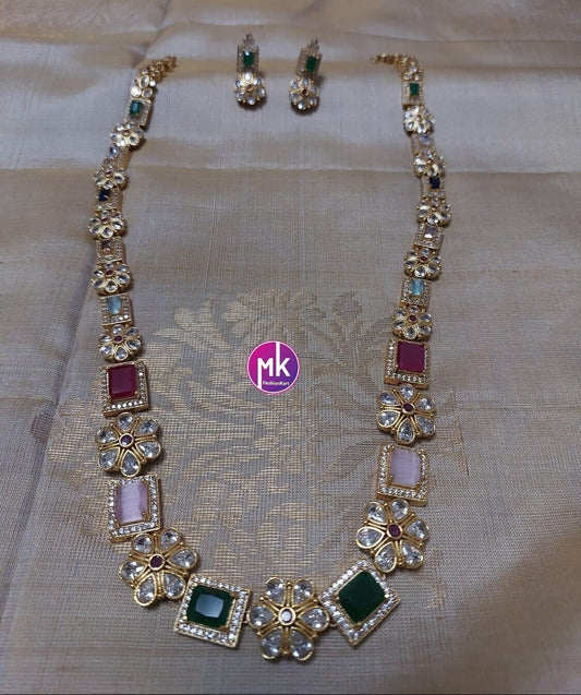 Premium quality Multi-color AD/CZ stone Flower design Haram with cute Earrings  - Gold Jewelry Replica Haram - MK Fashionkart