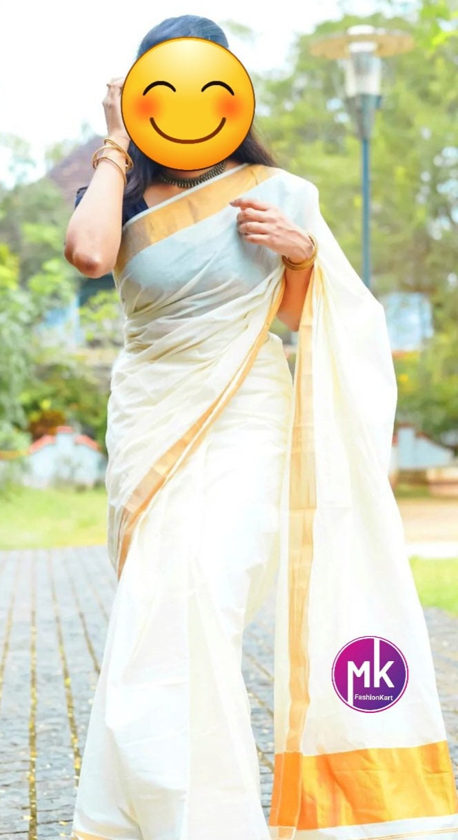 Traditional Kerala Kasavu cotton Saree - Puja Saree from kerala with Golden Border - Stylish cotton Saree for all seasons - MK Fashionkart