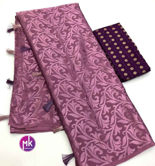 Bollywood soft satin silk self weaving with beautiful tussle saree with blouse piece (unstitched) - Lavender Saree - MK Fashionkart