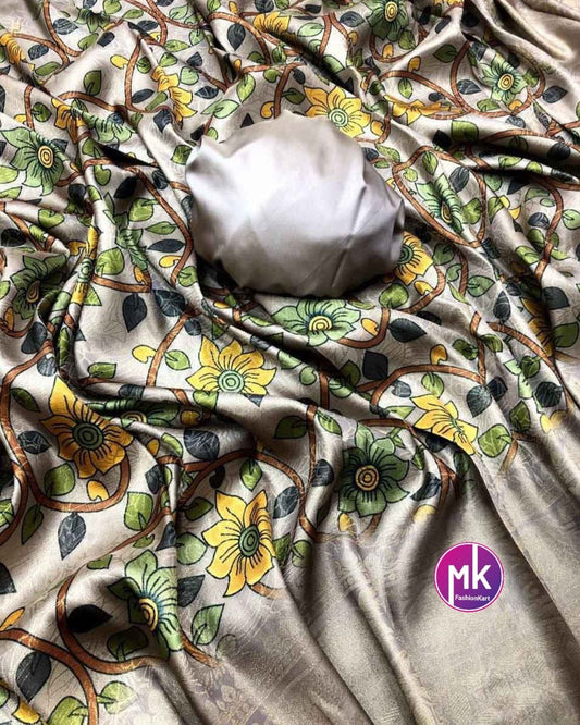 Softy silk zari weaving floral digital print comes with rich zari weaving pallu ��- Running Blouse cloth with sleeves border - MK Fashionkart