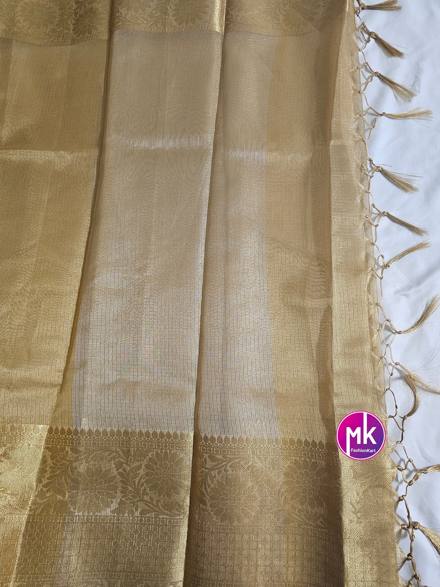 Celebrity Style Golden Soft tissue silk saree w rich pallu - Saree w running blouse (unstitched) - Beautiful Golden Saree - MK Fashionkart