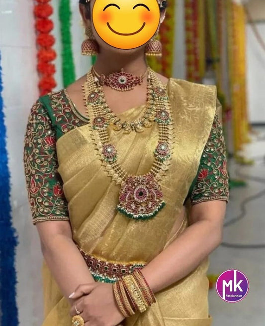 Celebrity Style Golden Soft tissue silk saree w rich pallu - Saree w running blouse (unstitched) - Beautiful Golden Saree - MK Fashionkart