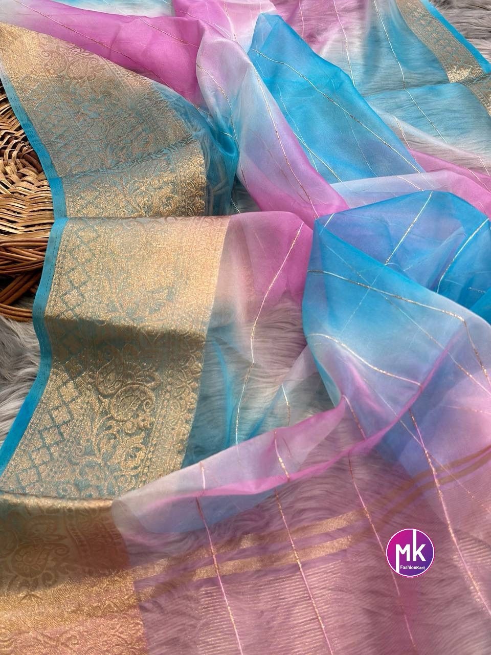 Pure Viscose Organza Lurex Zari Weaving Border With Multicolor Dyeing With Fancy Tassels in Pallu and Cotton long sleeve embroidered blouse