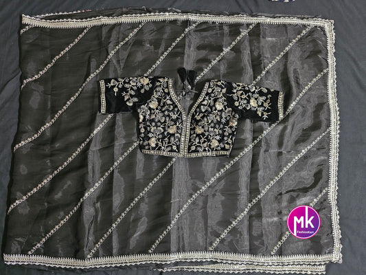 Shinning crystal silk sarees with sequence and zari embroidered all over saree with velvet embroidered readymade blouse - MK Fashionkart