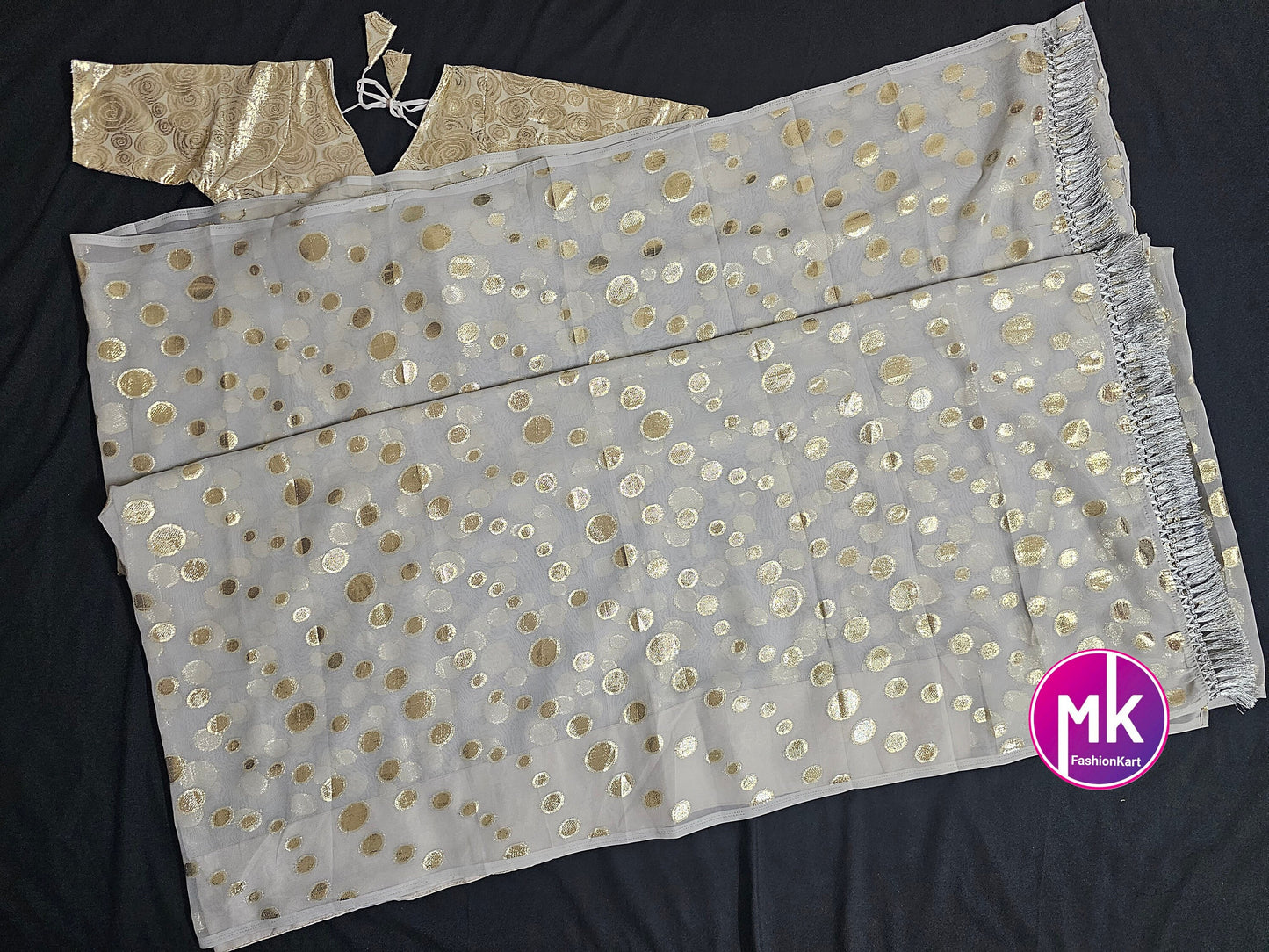 Bollywood Georgette with Anmol gold zari weaving shining saree with tussle stitched blouse - Designer stitched blouse - MK Fashionkart