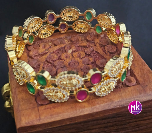 Lakshmi Premium Quality Grand Gold finish Multi-color stone work flower type bangles - Set of 2 bangles - Size 2.4, 2.6 - MK Fashionkart