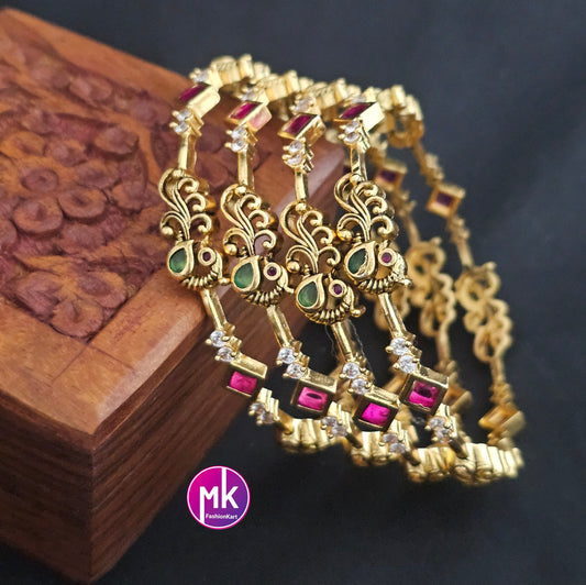 Peacock Premium Quality Matte finish AD White stone Bangles - Set of 4 bangles - Size 2.4, 2.6 and 2.8 - Fashion Jewelry - MK Fashionkart