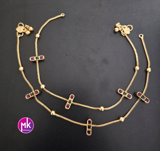 Antique Gold tone Pink-green AD stone Anklet/Leg chain/kolusu - MK Fashionkart - Indian Fashion Jewelry