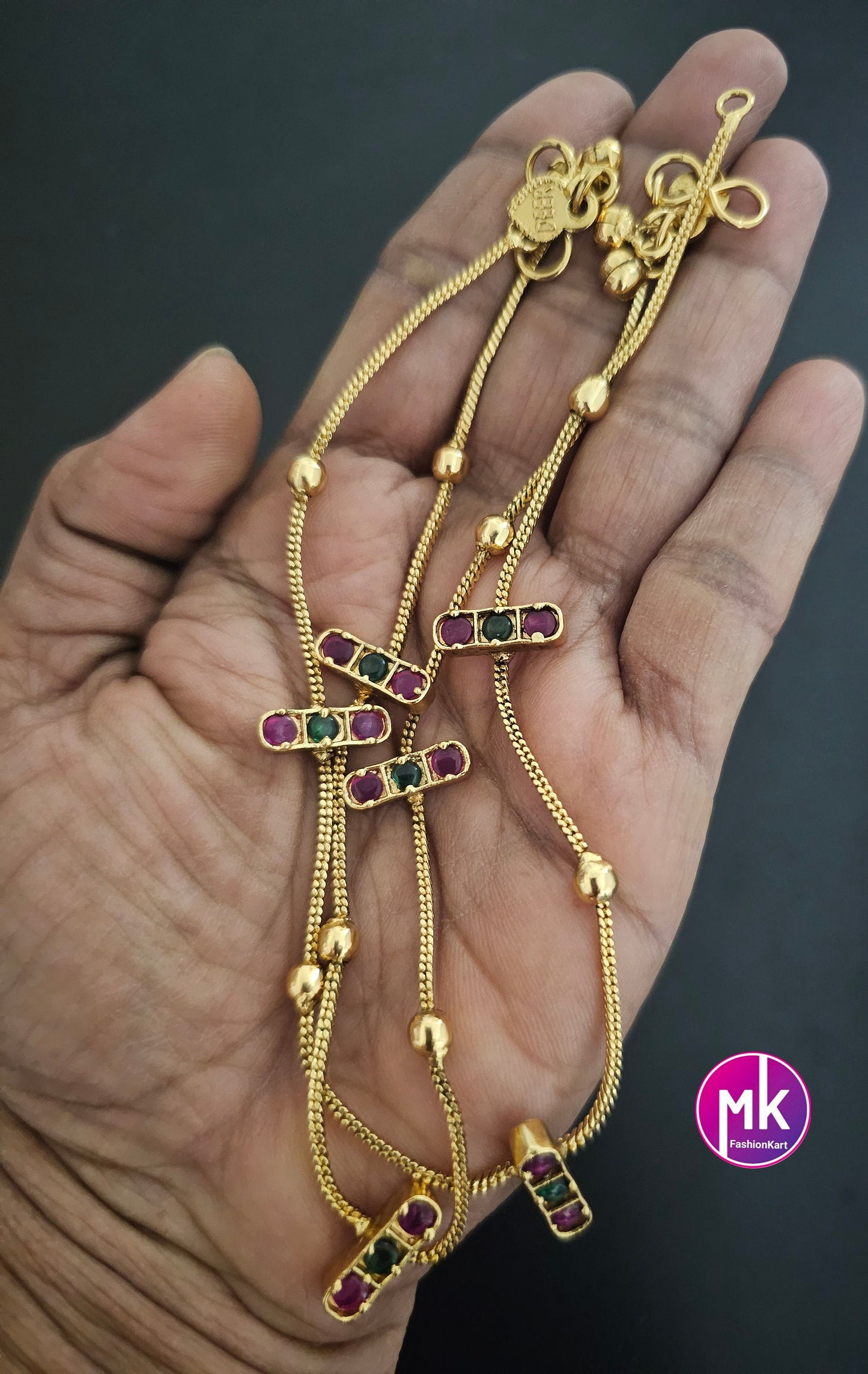Antique Gold tone Pink-green AD stone Anklet/Leg chain/kolusu - MK Fashionkart - Indian Fashion Jewelry