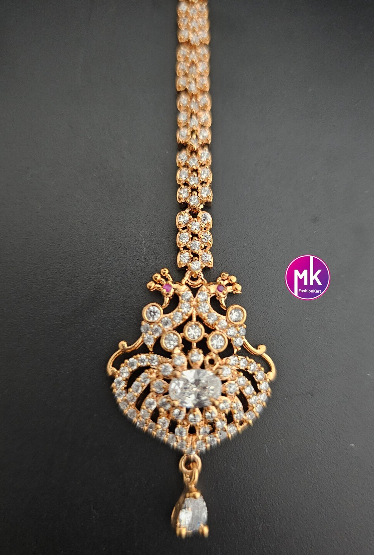 Rose gold AD stones Diamond finish with AD stone hangings Tikka/Nethichutti -  MK Fashionkart - Indian Fashion Jewelry
