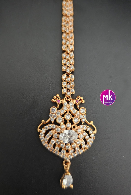 Rose gold AD stones Diamond finish with AD stone hangings Tikka/Nethichutti -  MK Fashionkart - Indian Fashion Jewelry
