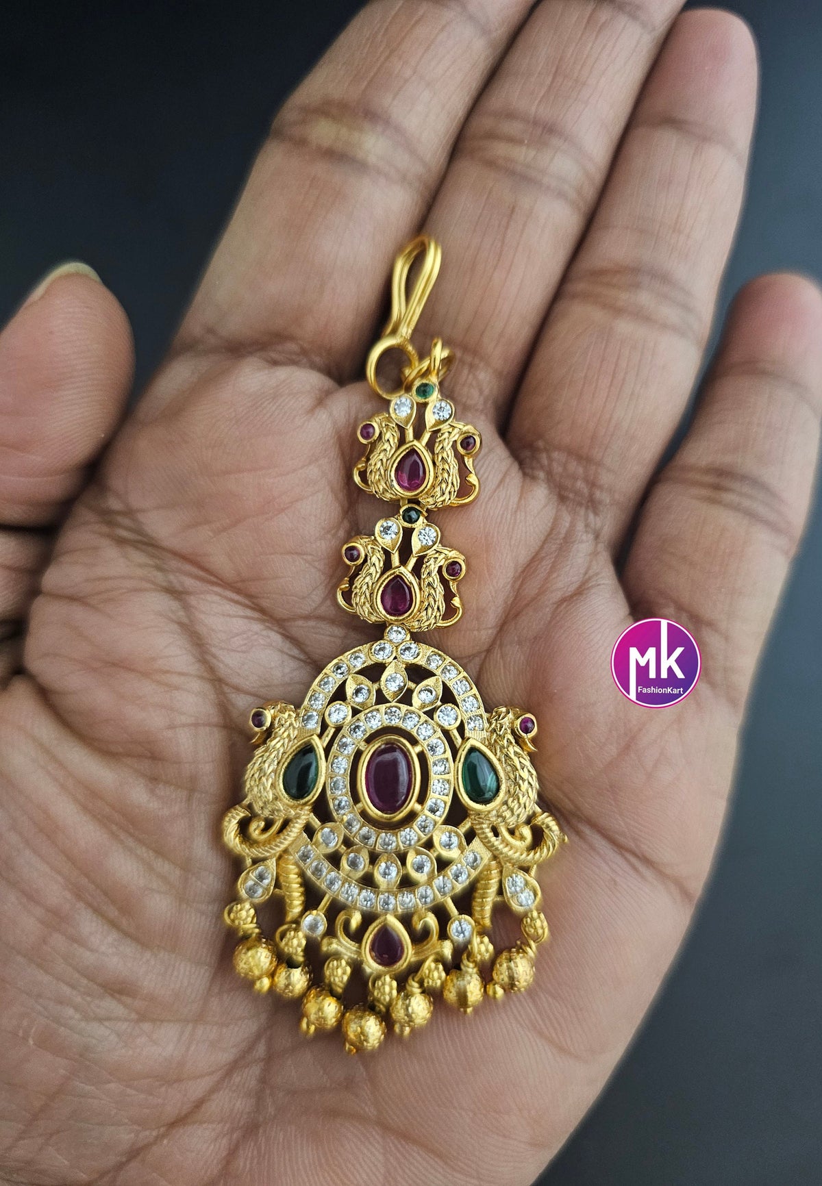 Peacock design matte gold finish AD stone with gold ball hanging hangings Tikka/Nethichutti -  MK Fashionkart - Indian Fashion Jewelry
