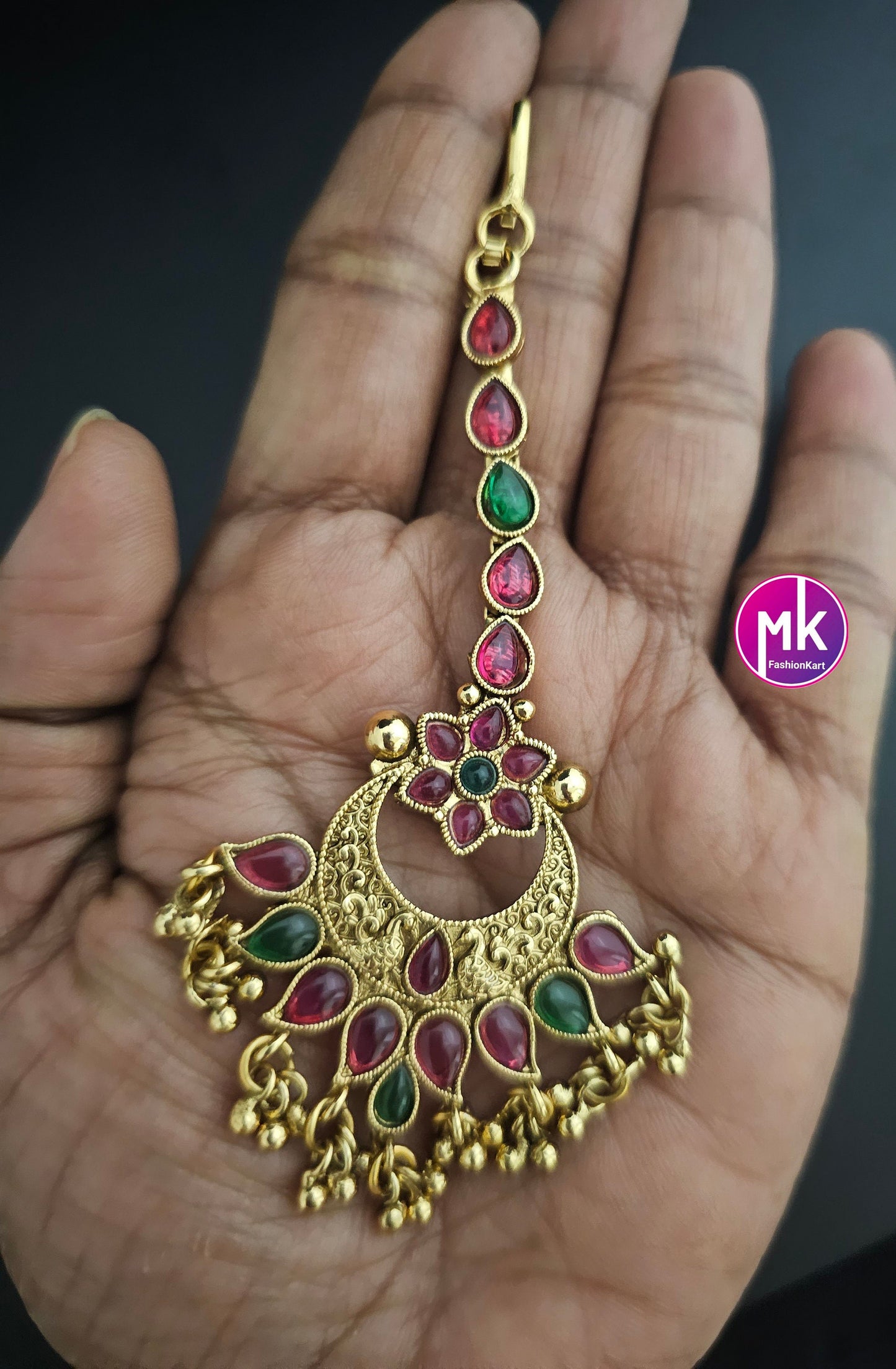 Flower design Antique gold finish AD stone with gold ball hanging hangings Tikka/Nethichutti -  MK Fashionkart - Indian Fashion Jewelry