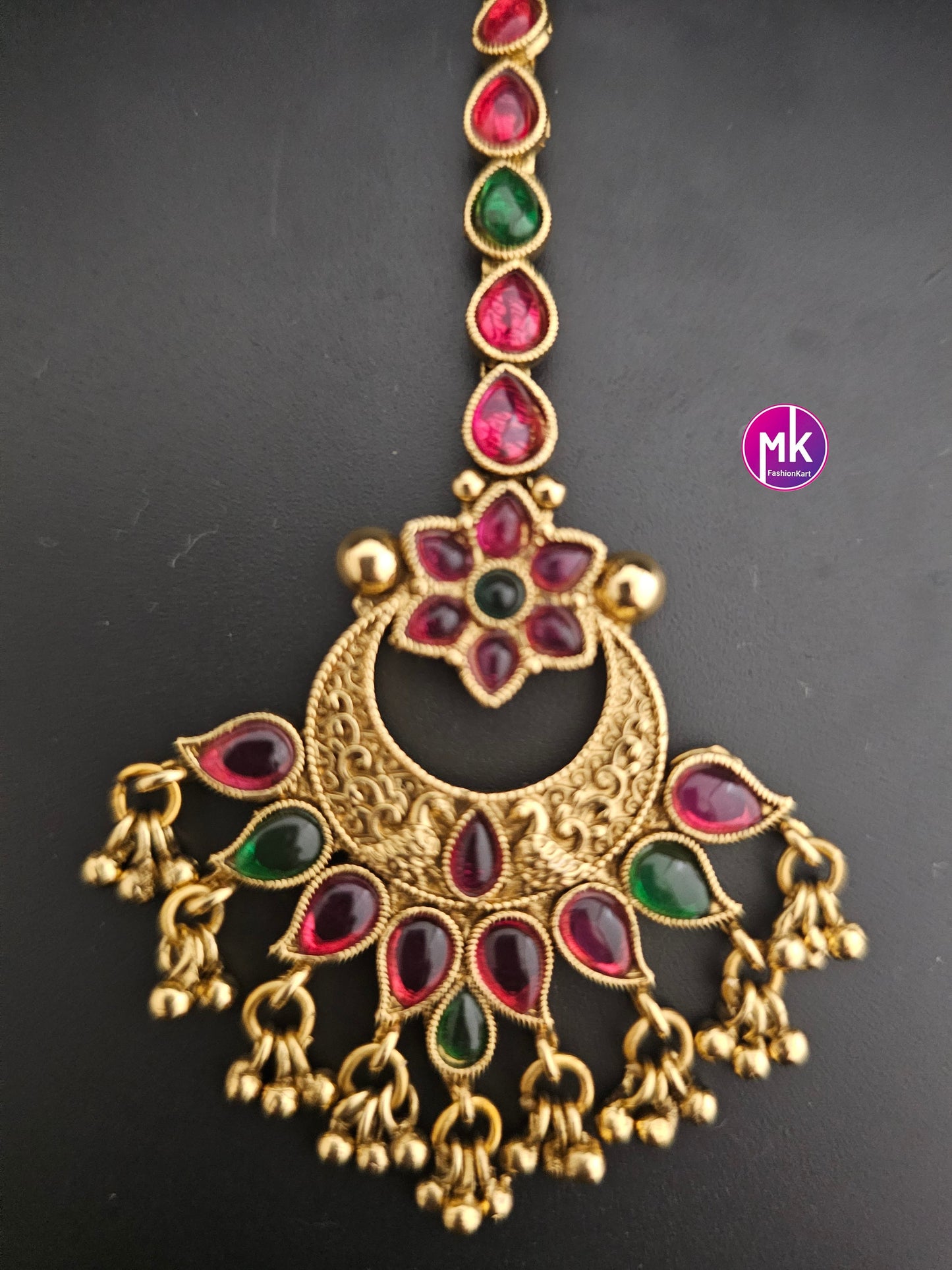 Flower design Antique gold finish AD stone with gold ball hanging hangings Tikka/Nethichutti -  MK Fashionkart - Indian Fashion Jewelry