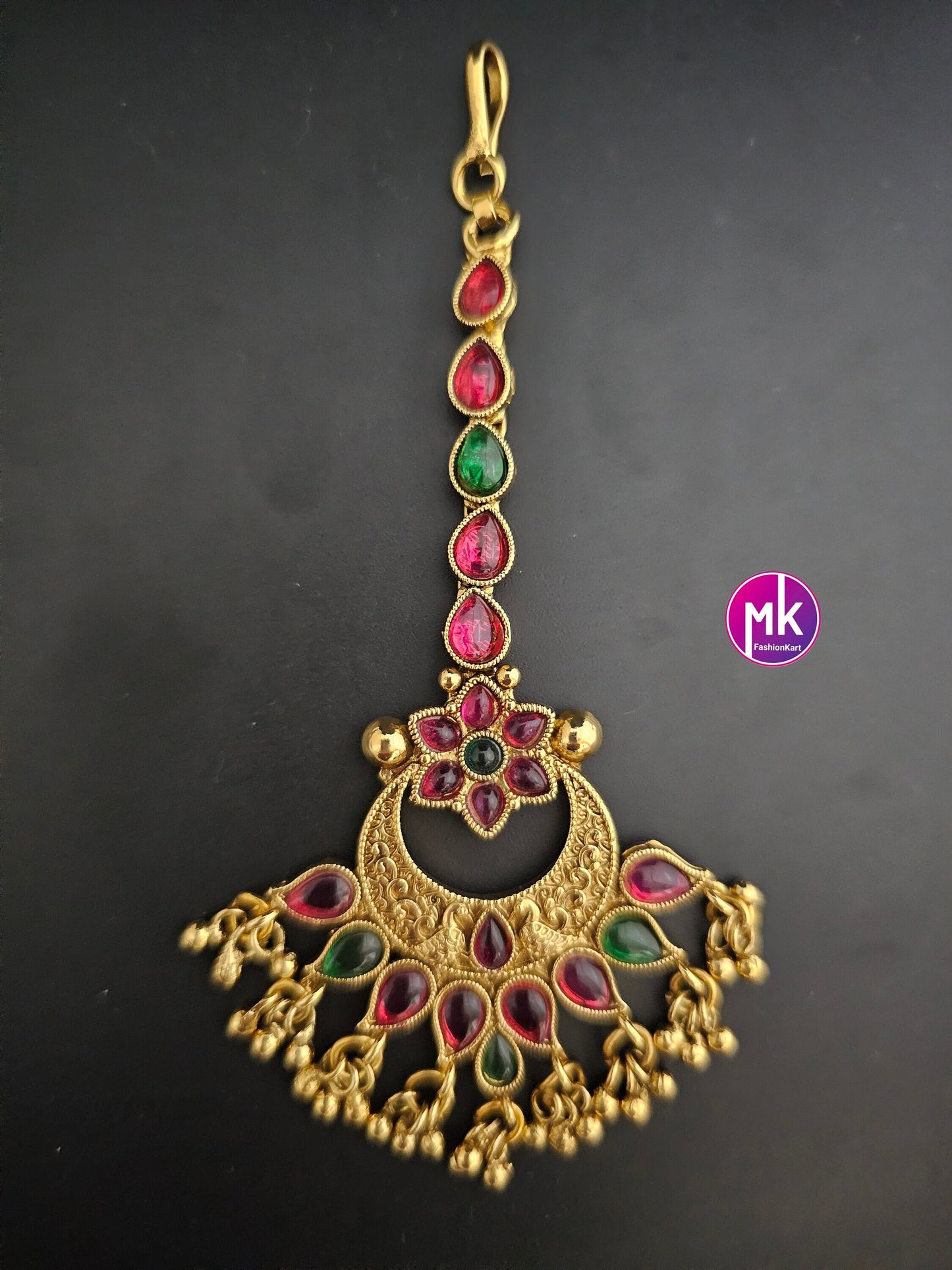 Flower design Antique gold finish AD stone with gold ball hanging hangings Tikka/Nethichutti -  MK Fashionkart - Indian Fashion Jewelry