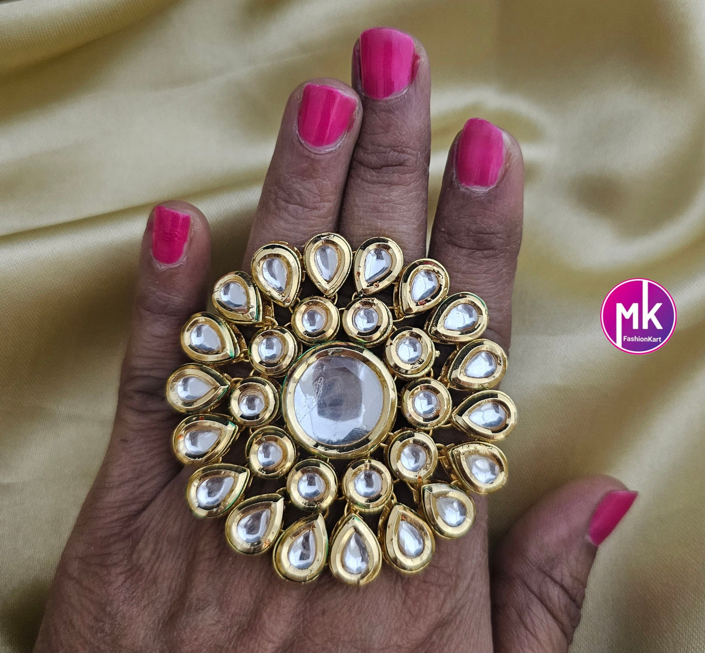 Bollywood Big Jaipur Kundan Polki Stone with Meenakari work backside Finger Ring (Adjustable)/- Fashion Jewelry Rings - MK Fashionkart