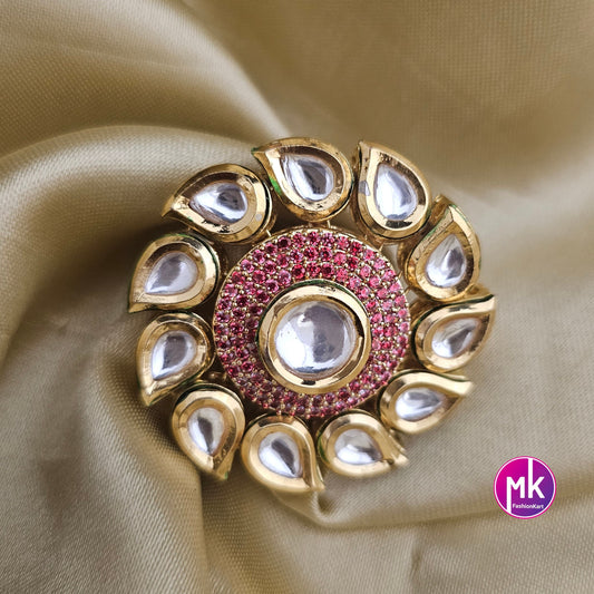 Bollywood Big Jaipur Kundan Polki Stone with Cubic Zirconia Stone Meenakari work backside Finger Ring (Adjustable)/-  MK Fashionkart