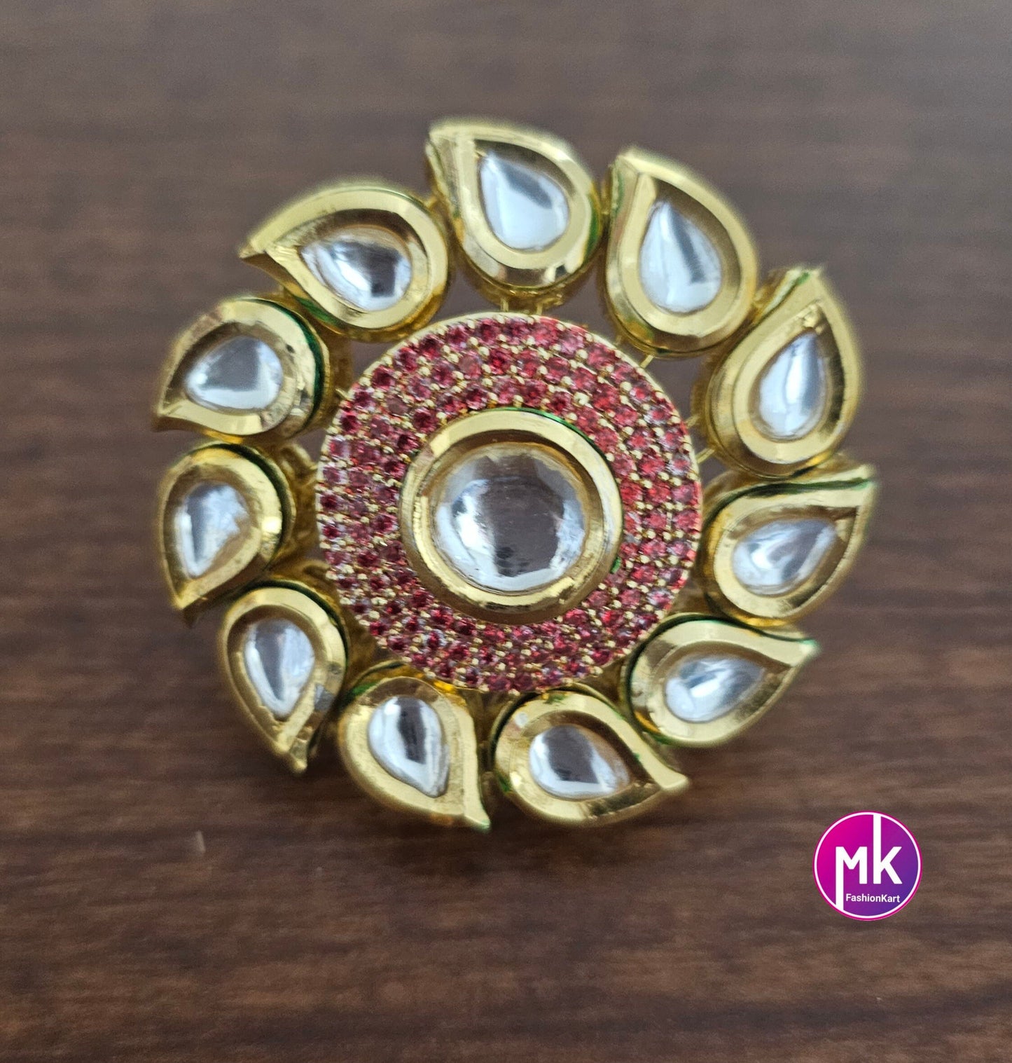 Bollywood Big Jaipur Kundan Polki Stone with Cubic Zirconia Stone Meenakari work backside Finger Ring (Adjustable)/-  MK Fashionkart