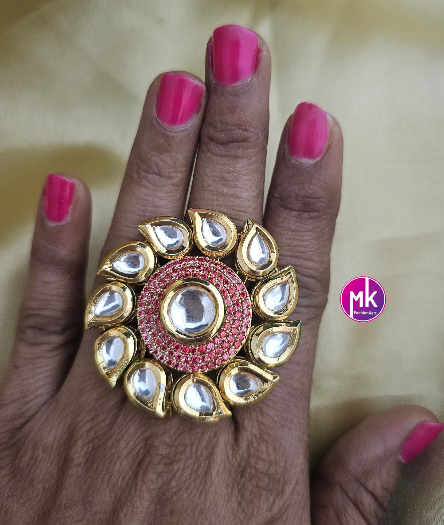 Bollywood Big Jaipur Kundan Polki Stone with Cubic Zirconia Stone Meenakari work backside Finger Ring (Adjustable)/-  MK Fashionkart