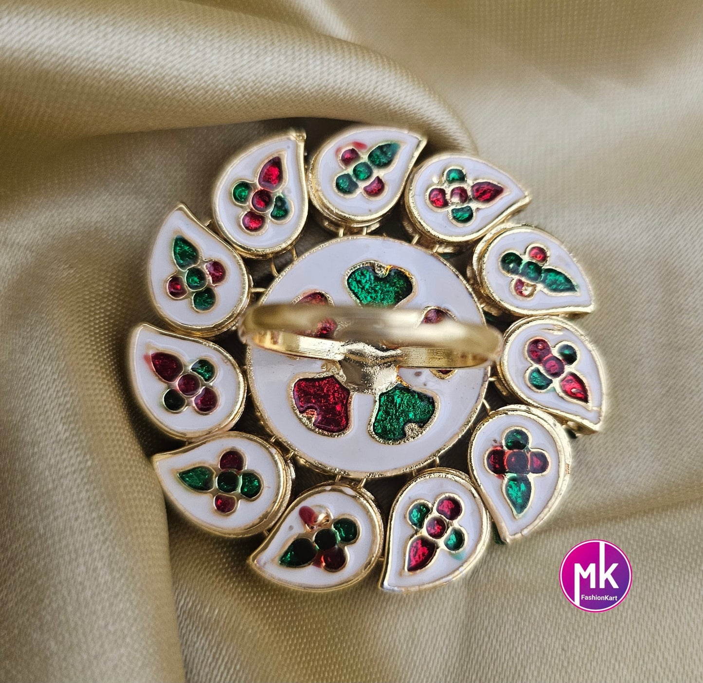 Bollywood Big Jaipur Kundan Polki Stone with Cubic Zirconia Stone Meenakari work backside Finger Ring (Adjustable)/-  MK Fashionkart