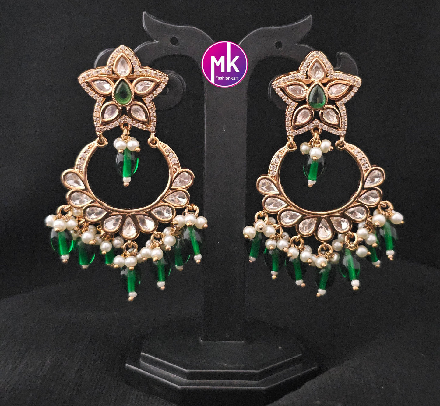 Bollywood Premium Quality Gold polish Kundan Polki Bridal chandbali type Earrings with strawberry bead hangings- MK Fashionkart