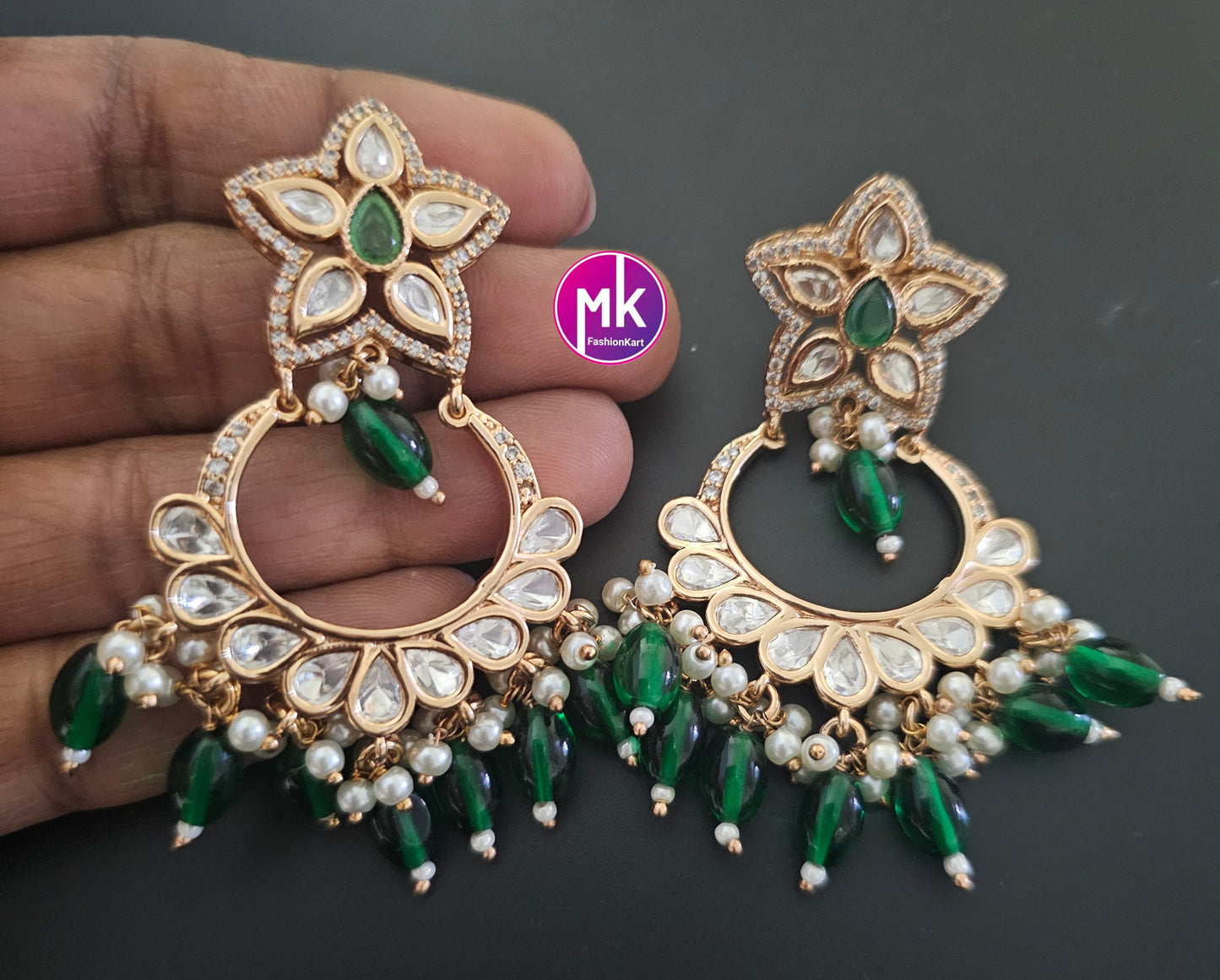 Bollywood Premium Quality Gold polish Kundan Polki Bridal chandbali type Earrings with strawberry bead hangings- MK Fashionkart