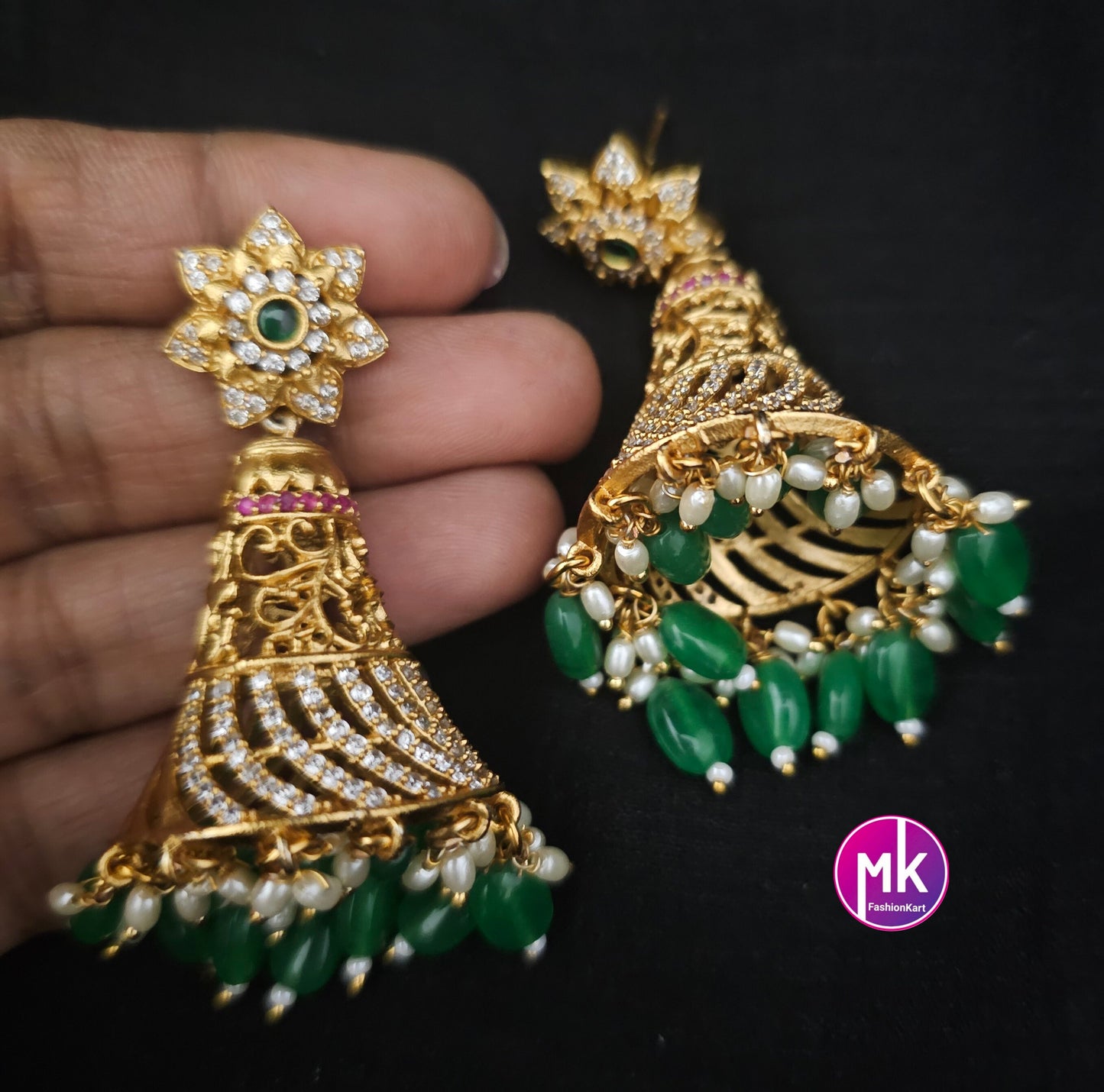 Premium Quality premium polish matte finish Big Jhumka with precious bead hangings - MK Fashionkart - Fashion Jewelry