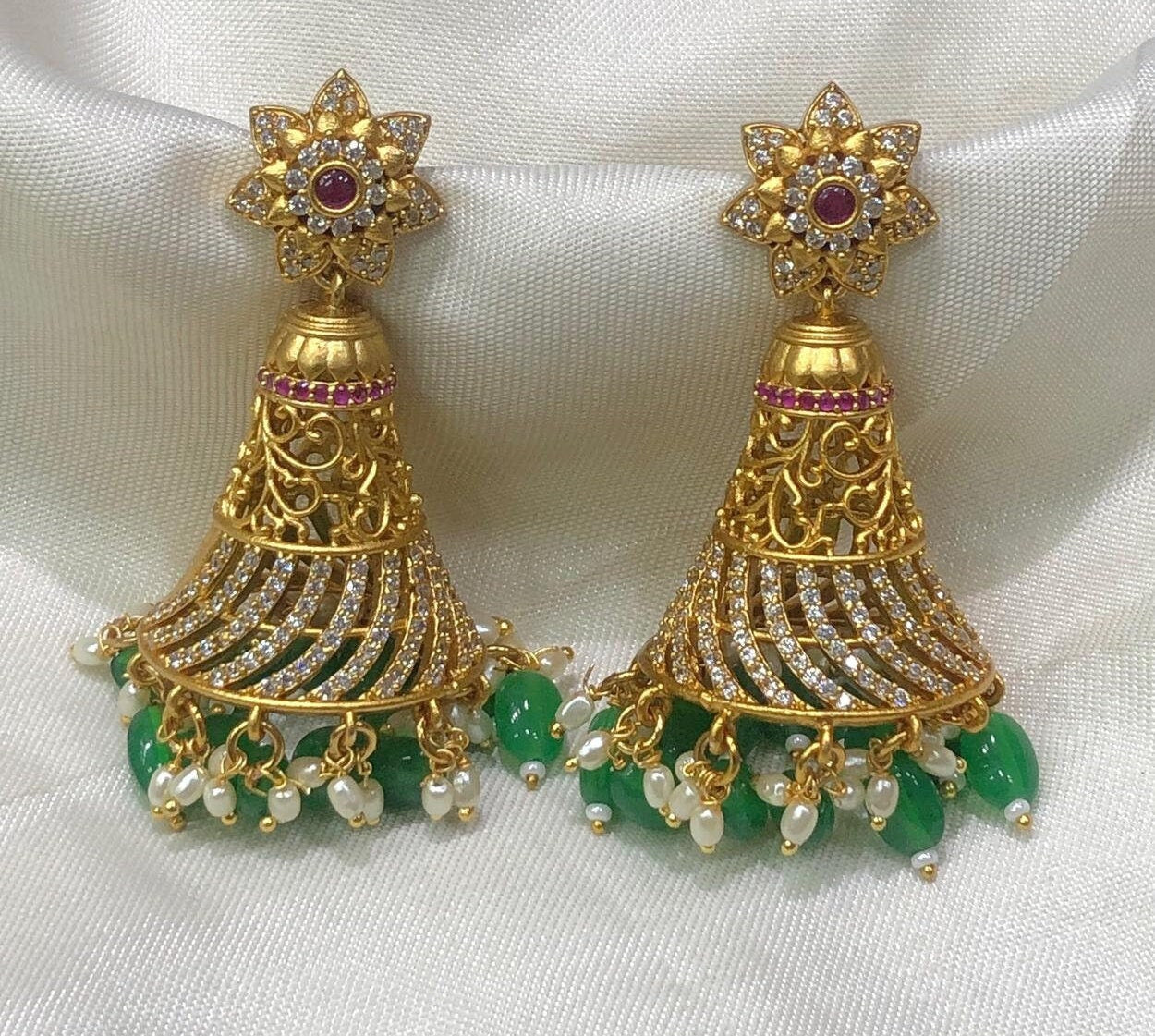 Premium Quality premium polish matte finish Big Jhumka with precious bead hangings - MK Fashionkart - Fashion Jewelry
