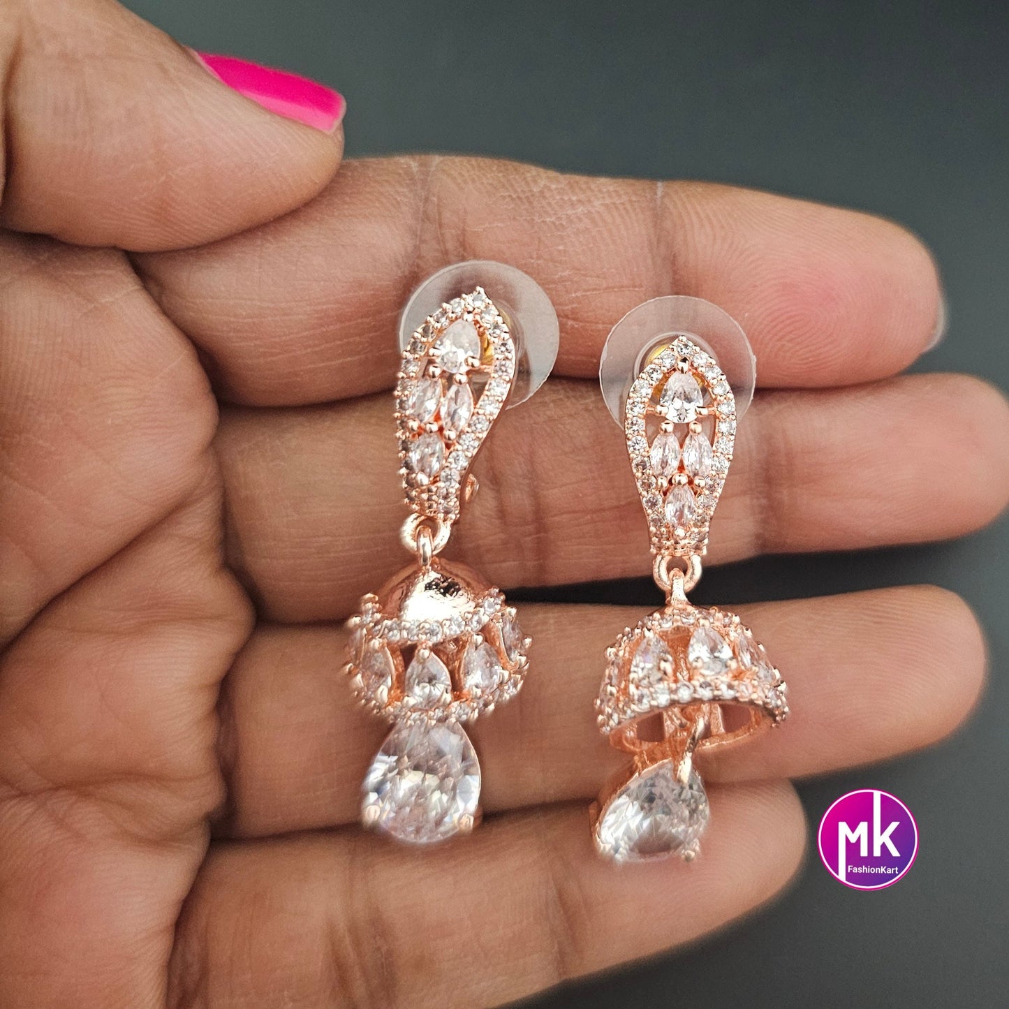Silver/Rose gold finish premium polish AD stones dangling cute Jhumkis - MK Fashionkart - Fashion Jewelry