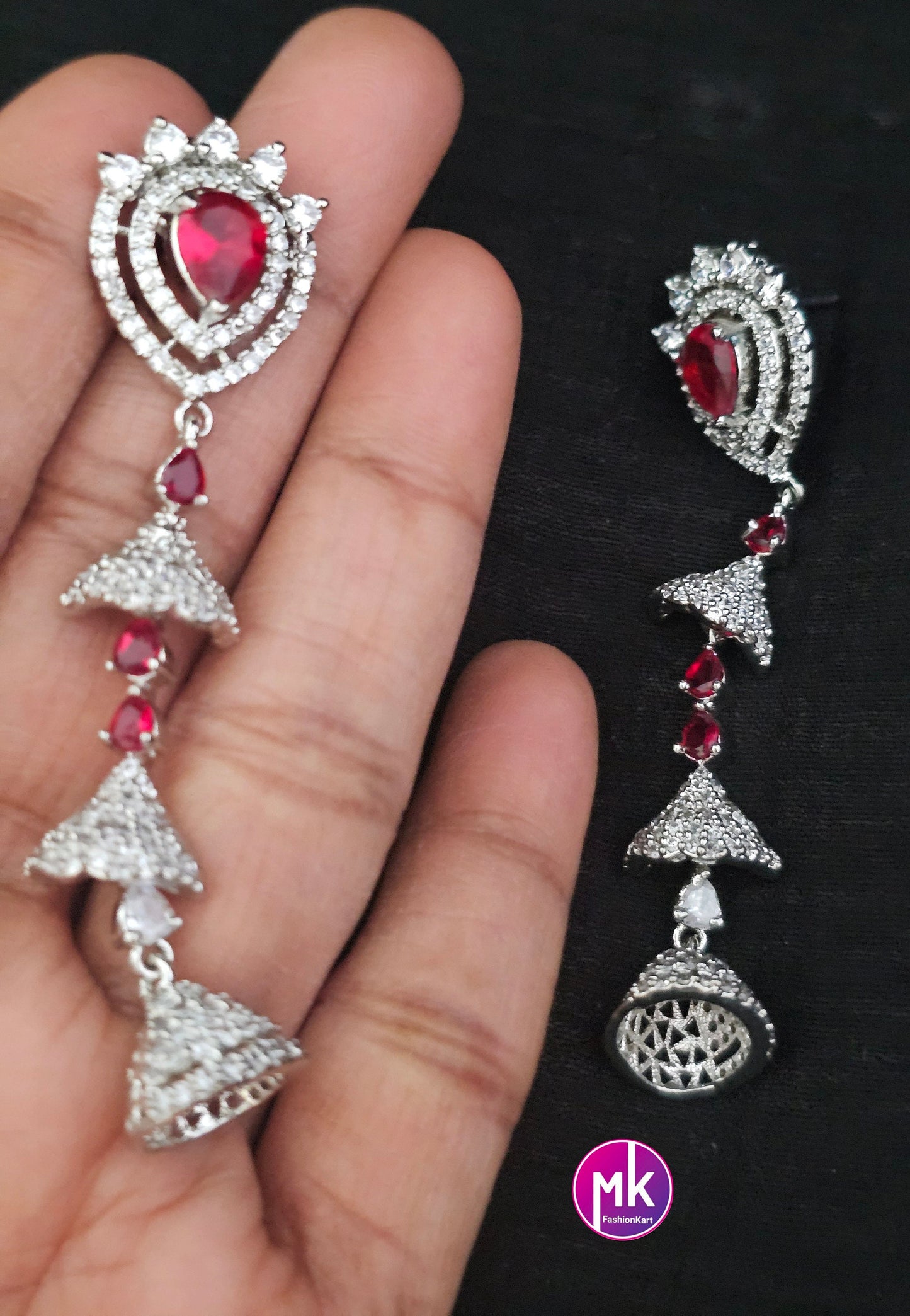 Silver finish premium polish AD stones long dangling Earrings - MK Fashionkart - Fashion Jewelry