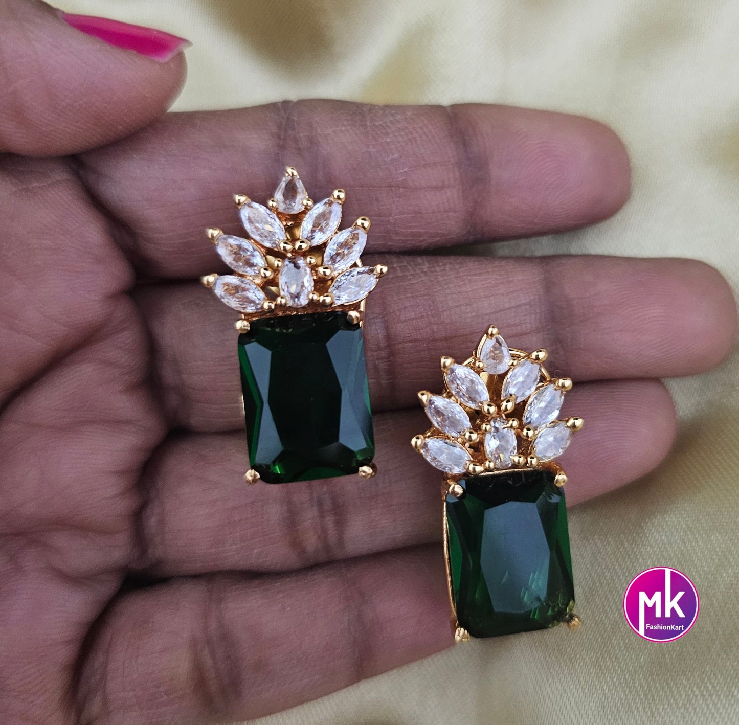 Partywear Gold finish emerald stone premium polish with AD stones Earrings - MK Fashionkart - Fashion Jewelry