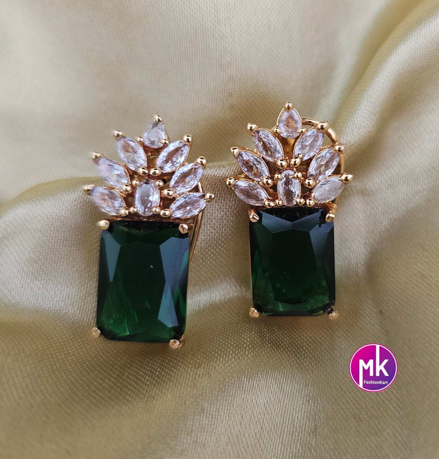 Partywear Gold finish emerald stone premium polish with AD stones Earrings - MK Fashionkart - Fashion Jewelry