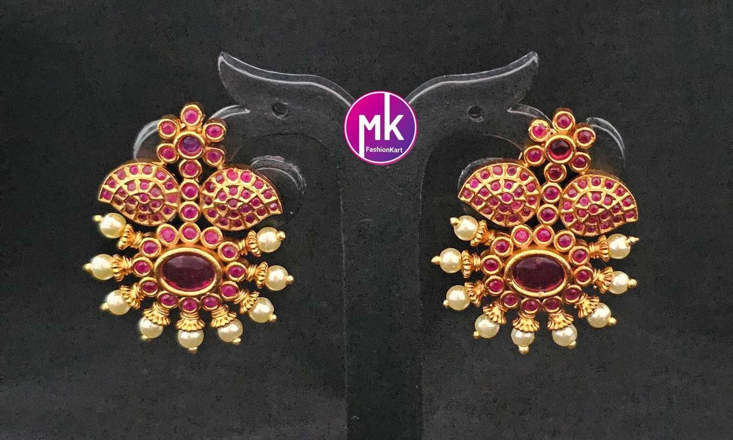 Matte Gold finish flower design AD stone big Earrings - Traditional and Trendy Earrings - MK Fashionkart - Fashion Jewelry