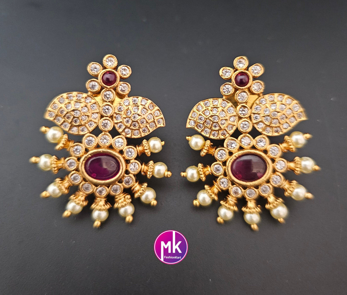 Matte Gold finish flower design AD stone big Earrings - Traditional and Trendy Earrings - MK Fashionkart - Fashion Jewelry