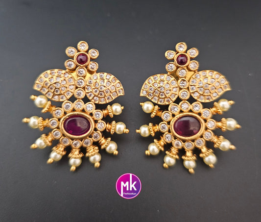 Matte Gold finish flower design AD stone big Earrings - Traditional and Trendy Earrings - MK Fashionkart - Fashion Jewelry