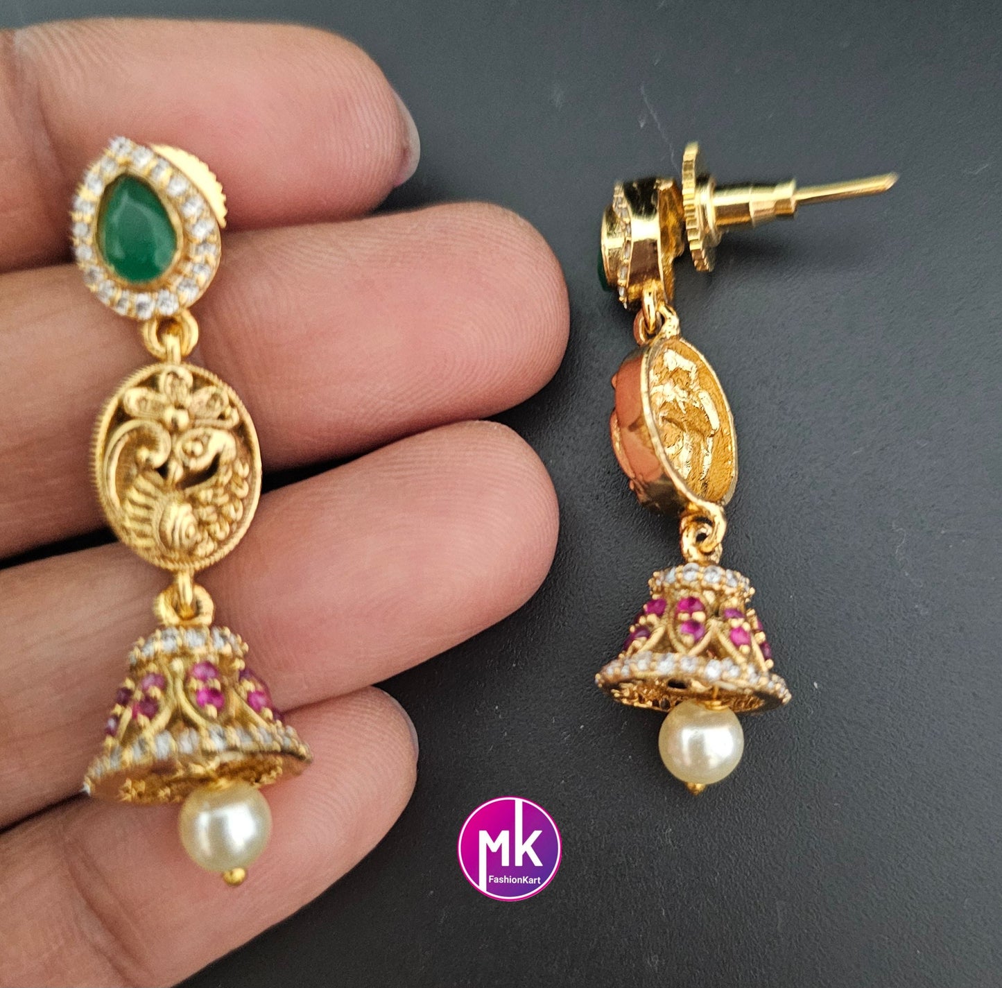 Peacock Matte finish Earrings with hanging pearls Jhumki Jhumka Earrings for Women and Girls - MK Fashionkart - Indian Fashion Jewelry