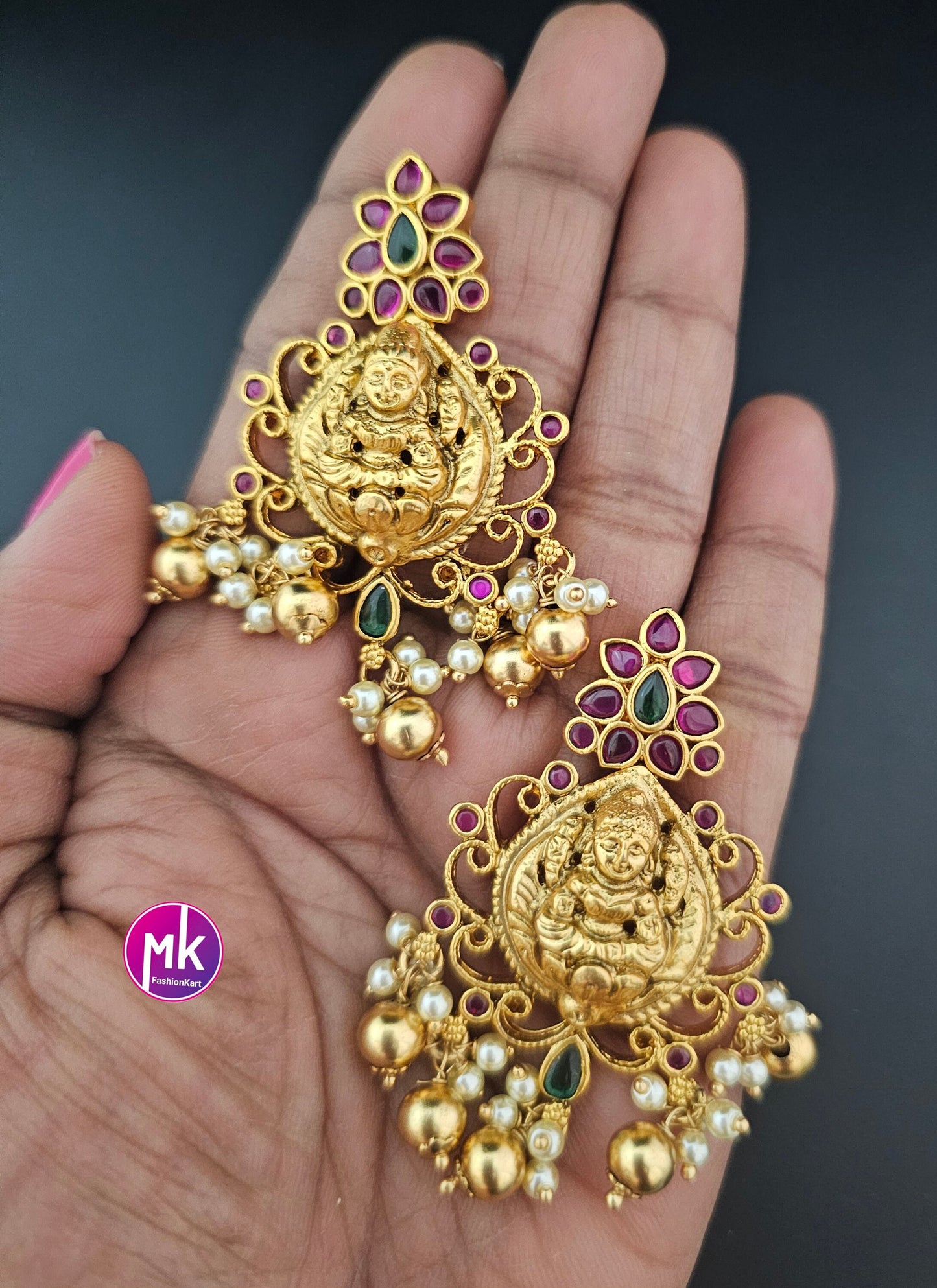 Lakshmi Kemp stone Peacock Premium Quality premium polish Earrings with hanging pearls - Trendy Jhumkas - MK Fashionkart - Fashion Jewelry