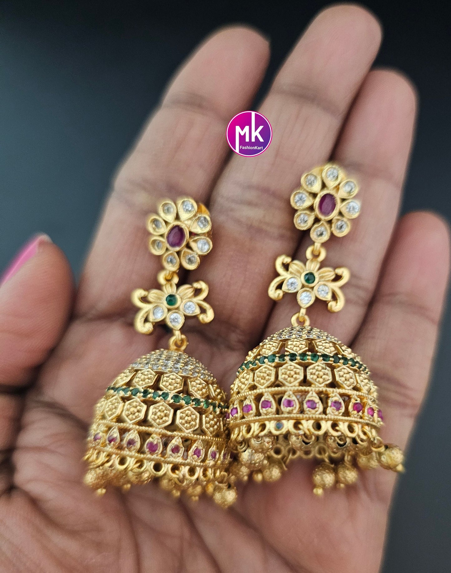 Premium Quality flower design matte gold finish Big Jhumka with precious gold bead hangings - MK Fashionkart - Fashion Jewelry